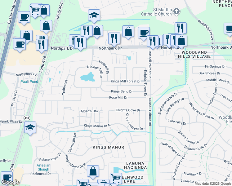 map of restaurants, bars, coffee shops, grocery stores, and more near 21526 Kings Bend Drive in Montgomery County