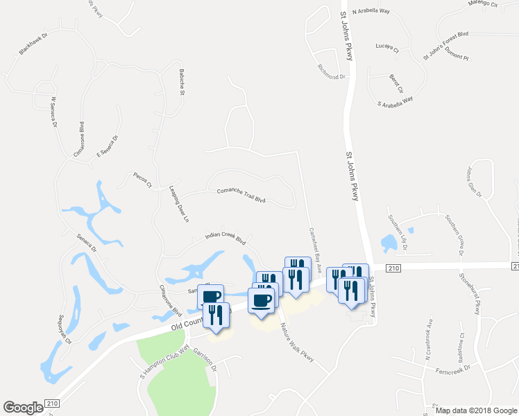 map of restaurants, bars, coffee shops, grocery stores, and more near 4417 Comanche Trail Boulevard in Jacksonville