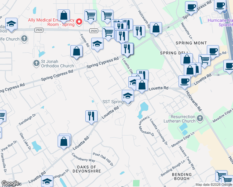 map of restaurants, bars, coffee shops, grocery stores, and more near 2223 Louetta Brook Lane in Spring