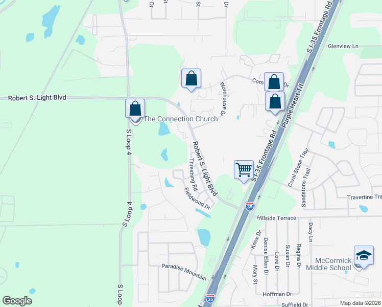 map of restaurants, bars, coffee shops, grocery stores, and more near Threshing Road in Mustang Ridge