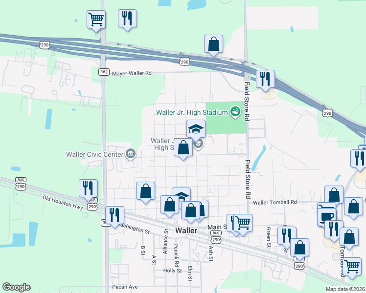 map of restaurants, bars, coffee shops, grocery stores, and more near 1918 Key Street in Waller