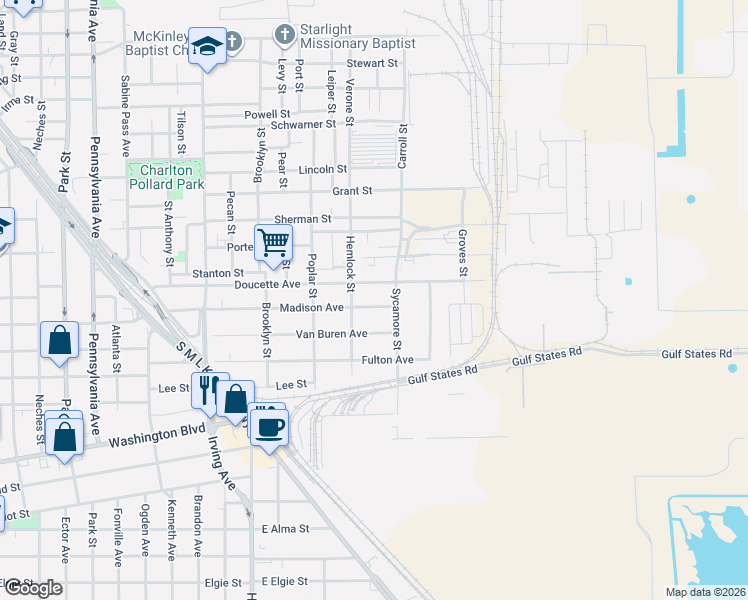 map of restaurants, bars, coffee shops, grocery stores, and more near 1499 Madison Avenue in Beaumont