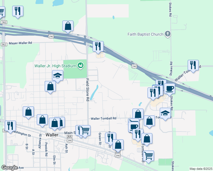 map of restaurants, bars, coffee shops, grocery stores, and more near 31906 Ironwood Drive in Waller