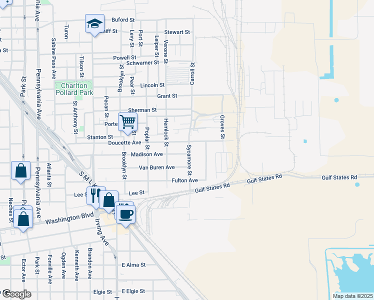 map of restaurants, bars, coffee shops, grocery stores, and more near 1499 Madison Avenue in Beaumont