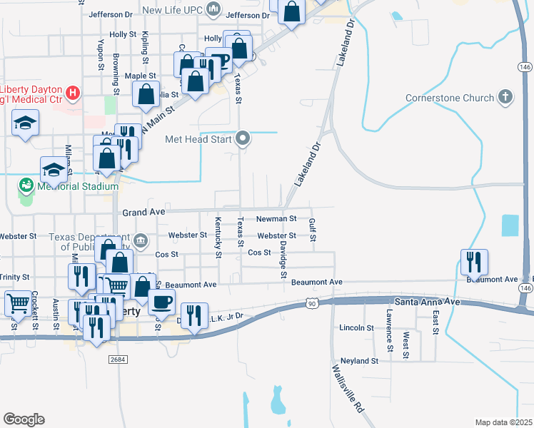 map of restaurants, bars, coffee shops, grocery stores, and more near 2660 Grand Avenue in Liberty