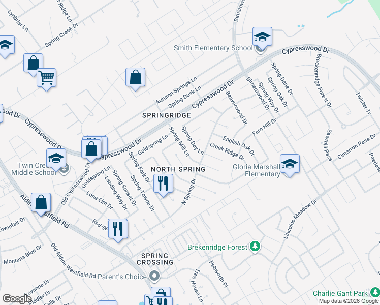 map of restaurants, bars, coffee shops, grocery stores, and more near 24106 Spring Mill Lane in Spring