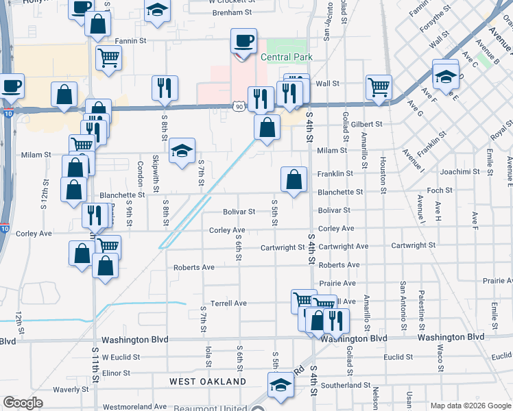 map of restaurants, bars, coffee shops, grocery stores, and more near 3046 Bolivar Street in Beaumont
