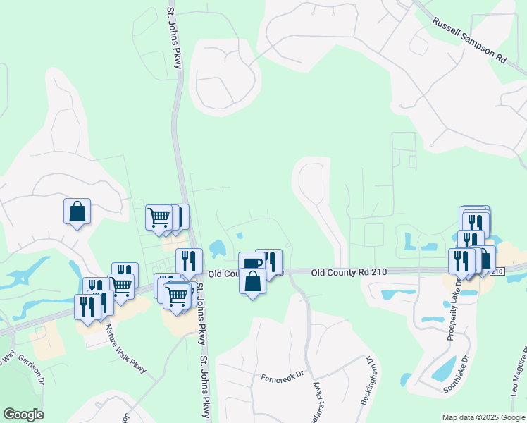 map of restaurants, bars, coffee shops, grocery stores, and more near 305 Tara Glenn Lane in Jacksonville