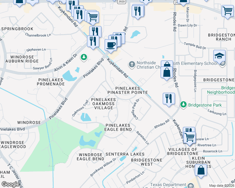 map of restaurants, bars, coffee shops, grocery stores, and more near 20255 Eden Pines in Spring