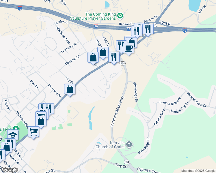 map of restaurants, bars, coffee shops, grocery stores, and more near 1916 Leslie Drive in Kerrville