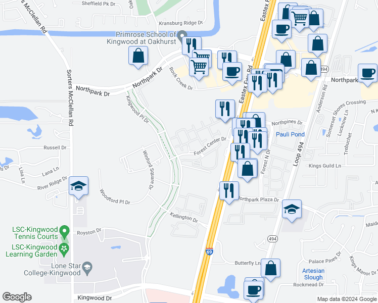 map of restaurants, bars, coffee shops, grocery stores, and more near 300 Forest Center Drive in Houston