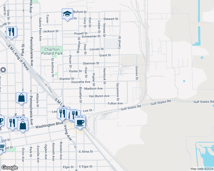 map of restaurants, bars, coffee shops, grocery stores, and more near 2455 Hemlock Street in Beaumont