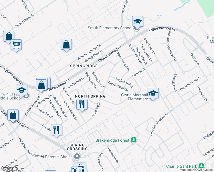 map of restaurants, bars, coffee shops, grocery stores, and more near 23938 Spring Day Ln in Spring