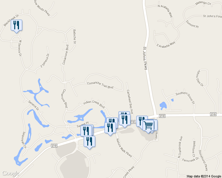 map of restaurants, bars, coffee shops, grocery stores, and more near 4417 Comanche Trail Blvd in Jacksonville