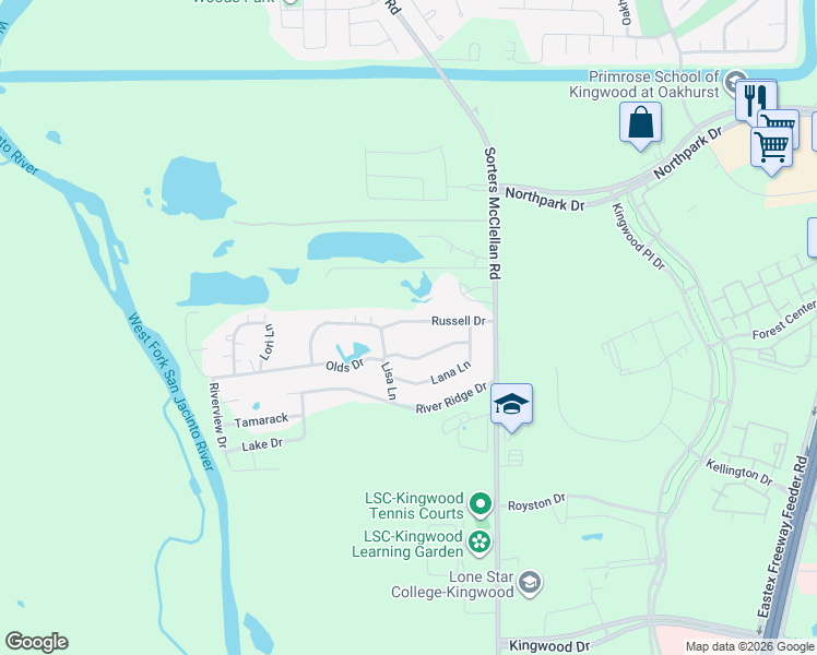 map of restaurants, bars, coffee shops, grocery stores, and more near 20260 Russell Drive in Montgomery County