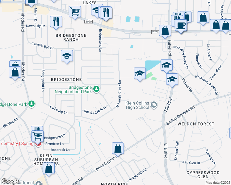 map of restaurants, bars, coffee shops, grocery stores, and more near 21542 Fir Creek Lane in Spring