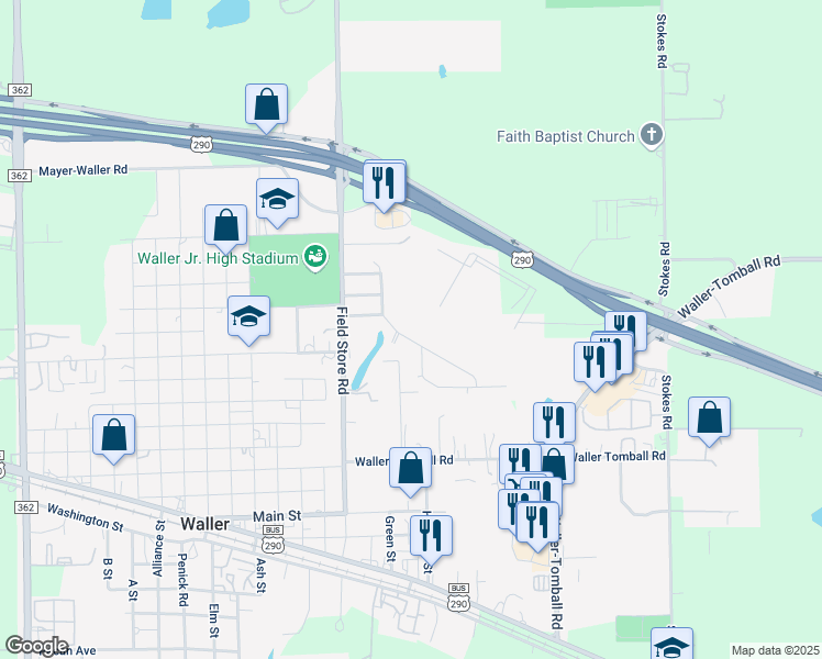 map of restaurants, bars, coffee shops, grocery stores, and more near 31906 Ironwood Drive in Waller