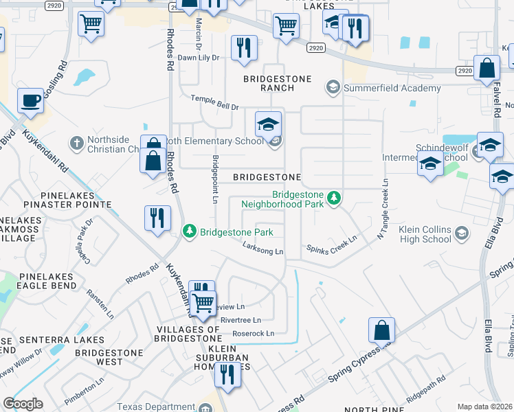 map of restaurants, bars, coffee shops, grocery stores, and more near 4802 Branchberry Lane in Spring