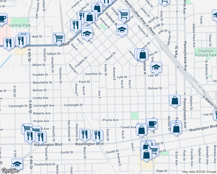 map of restaurants, bars, coffee shops, grocery stores, and more near 2385 Emile Street in Beaumont