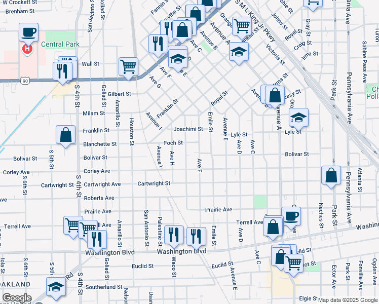 map of restaurants, bars, coffee shops, grocery stores, and more near 1622 Avenue F in Beaumont