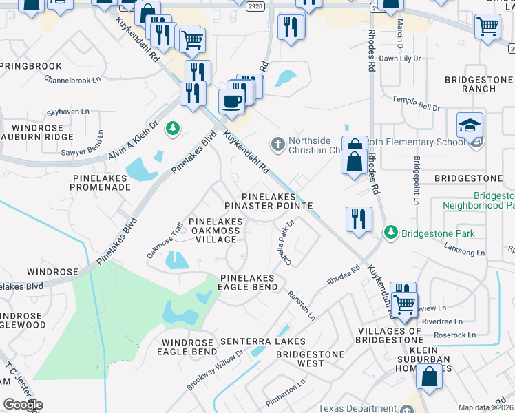 map of restaurants, bars, coffee shops, grocery stores, and more near 20238 Eden Pines in Spring