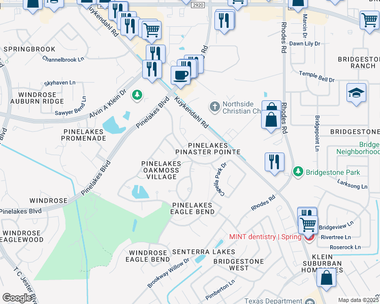 map of restaurants, bars, coffee shops, grocery stores, and more near 20255 Eden Pines in Spring