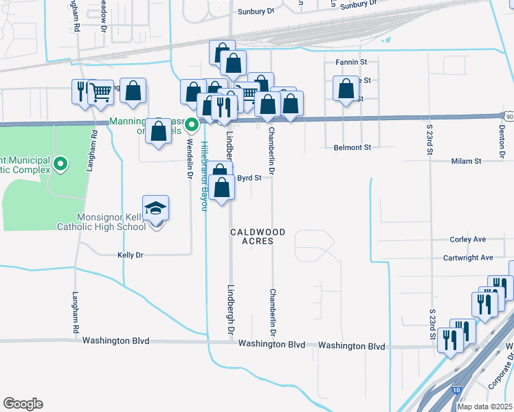 map of restaurants, bars, coffee shops, grocery stores, and more near 1220 Chamberlin Drive in Beaumont