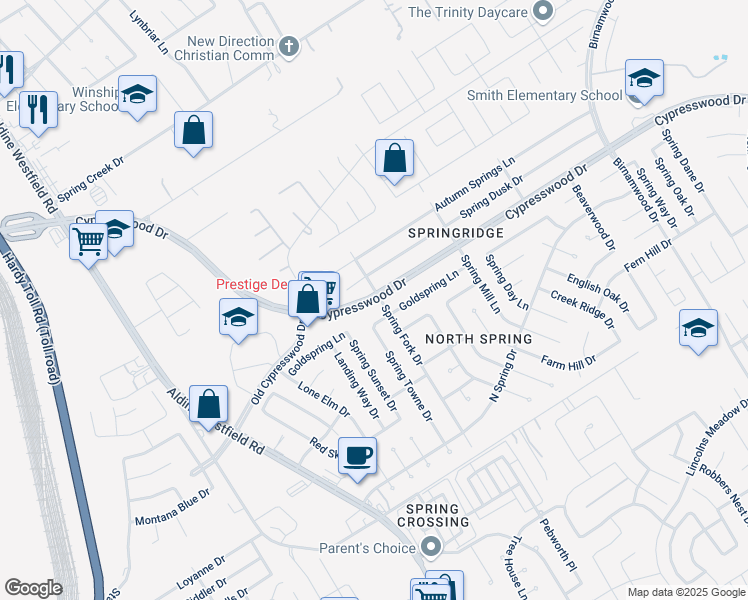 map of restaurants, bars, coffee shops, grocery stores, and more near 26830 Cypresswood Drive in Spring