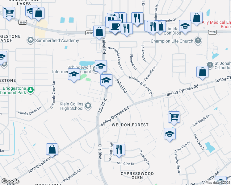 map of restaurants, bars, coffee shops, grocery stores, and more near 20820 Ella Boulevard in Spring