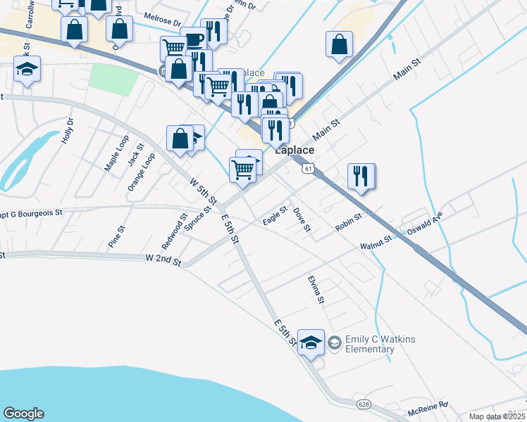 map of restaurants, bars, coffee shops, grocery stores, and more near 609 Eagle Street in LaPlace