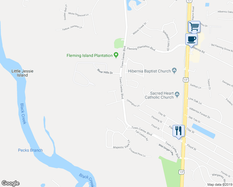 map of restaurants, bars, coffee shops, grocery stores, and more near 2207 Timber Land Court in Fleming Island
