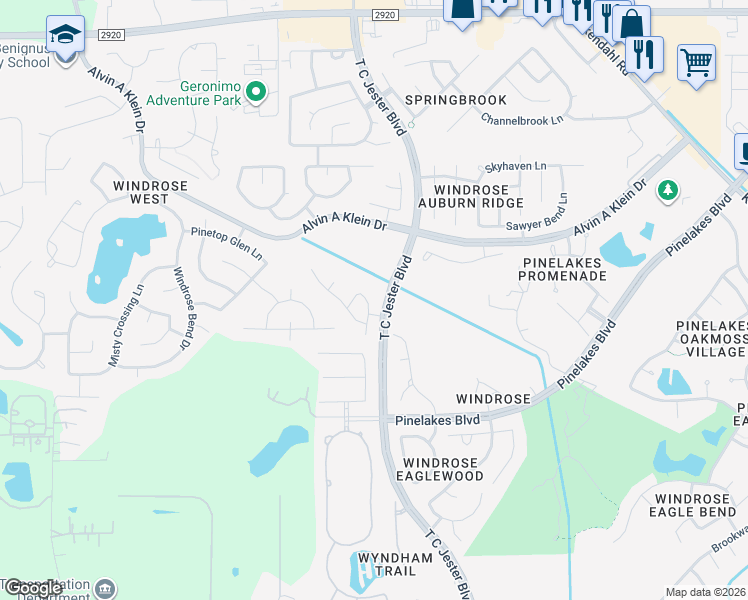 map of restaurants, bars, coffee shops, grocery stores, and more near 20622 Sunset Bend Lane in Spring