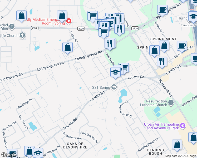 map of restaurants, bars, coffee shops, grocery stores, and more near 2223 Louetta Brook Lane in Spring
