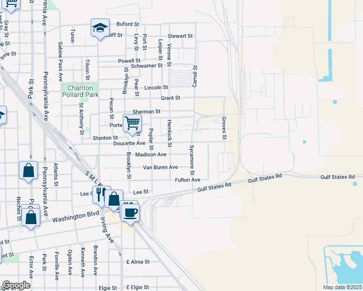 map of restaurants, bars, coffee shops, grocery stores, and more near 1499 Madison Avenue in Beaumont