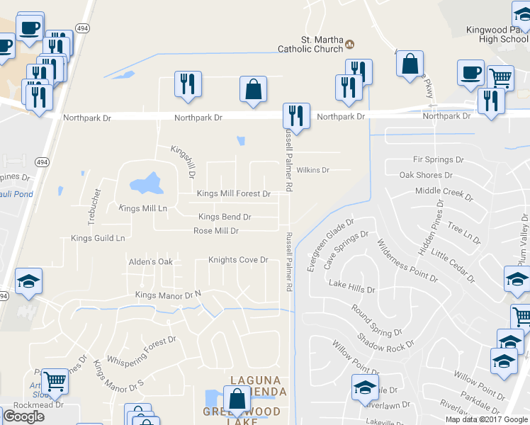 map of restaurants, bars, coffee shops, grocery stores, and more near 21603 Kings Bend Drive in Humble