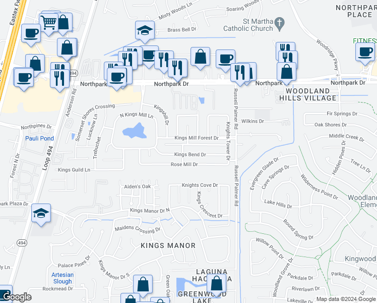map of restaurants, bars, coffee shops, grocery stores, and more near 21539 Kings Bend Drive in Montgomery County