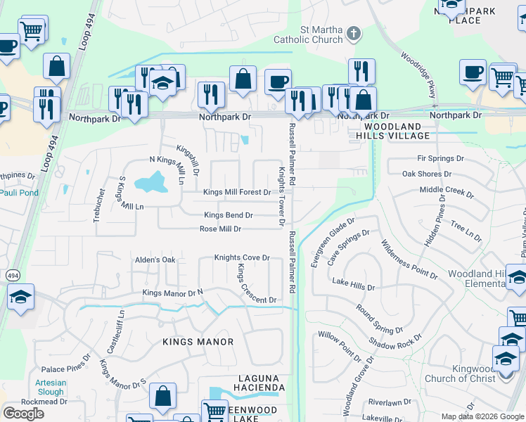 map of restaurants, bars, coffee shops, grocery stores, and more near 21598 Kings Bend Drive in Humble