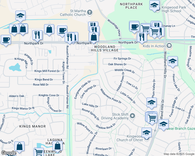 map of restaurants, bars, coffee shops, grocery stores, and more near 3606 Evergreen Glade Drive in Houston