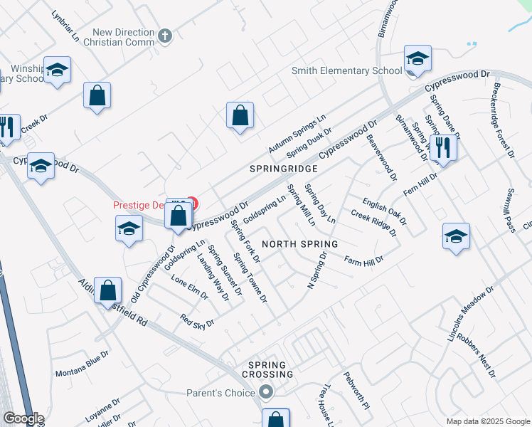 map of restaurants, bars, coffee shops, grocery stores, and more near 24134 Spring Briar Lane in Spring