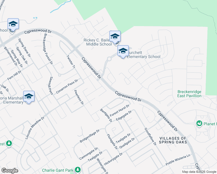 map of restaurants, bars, coffee shops, grocery stores, and more near Cypresswood Drive in Spring
