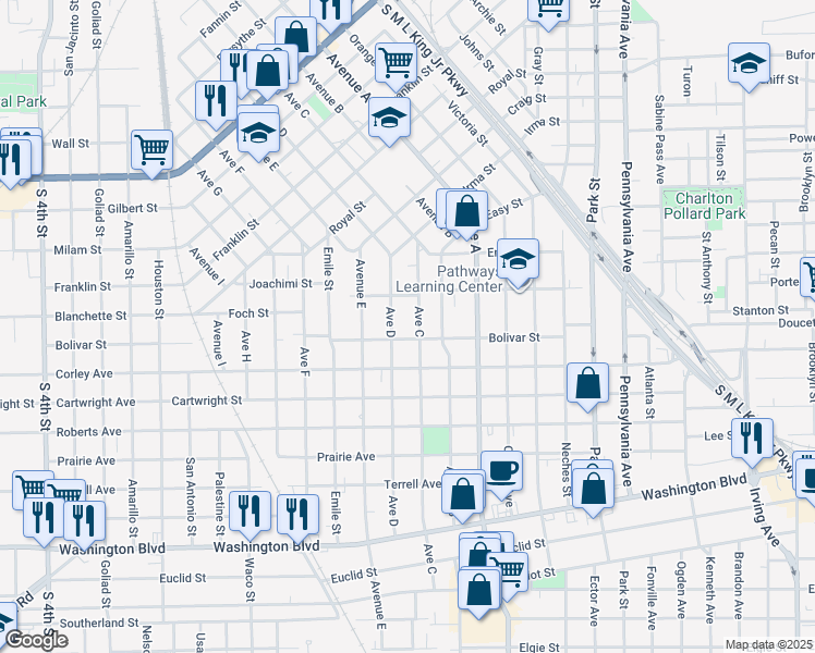 map of restaurants, bars, coffee shops, grocery stores, and more near 2398 Avenue C in Beaumont
