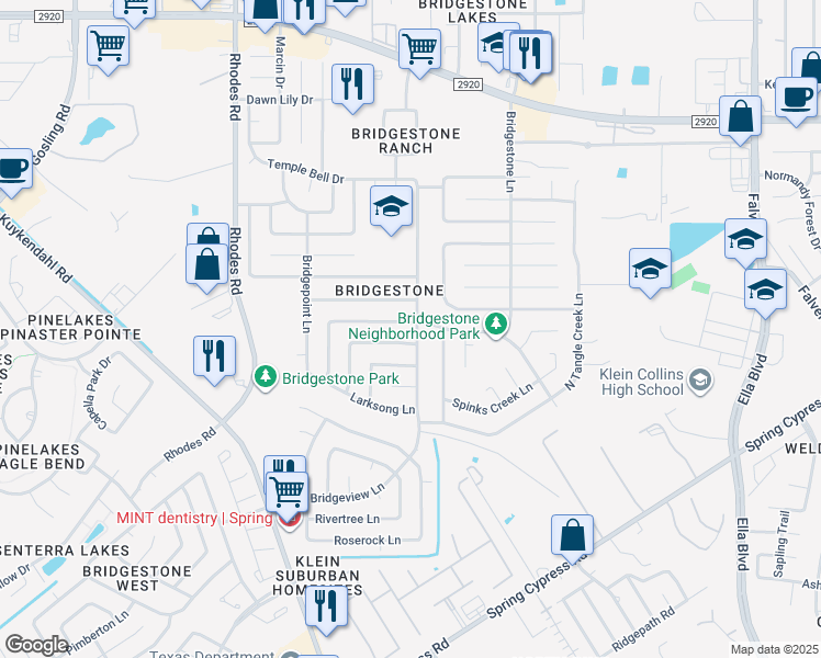 map of restaurants, bars, coffee shops, grocery stores, and more near 4703 Lost Lake Lane in Spring