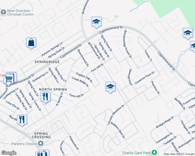 map of restaurants, bars, coffee shops, grocery stores, and more near 23822 Beaverwood Drive in Spring