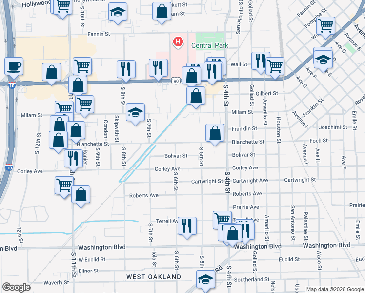 map of restaurants, bars, coffee shops, grocery stores, and more near 3046 Bolivar Street in Beaumont