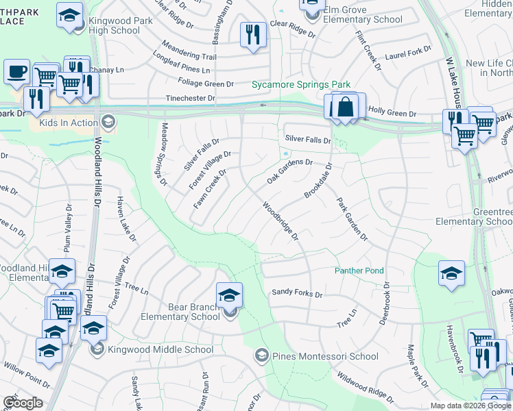 map of restaurants, bars, coffee shops, grocery stores, and more near 3907 Valley Haven Drive in Humble
