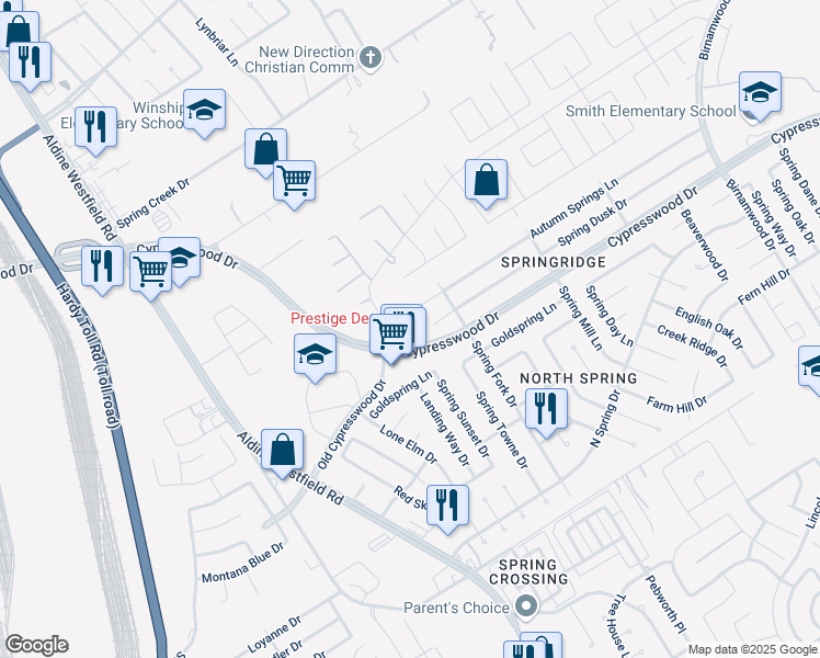 map of restaurants, bars, coffee shops, grocery stores, and more near 26830 Cypresswood Drive in Spring