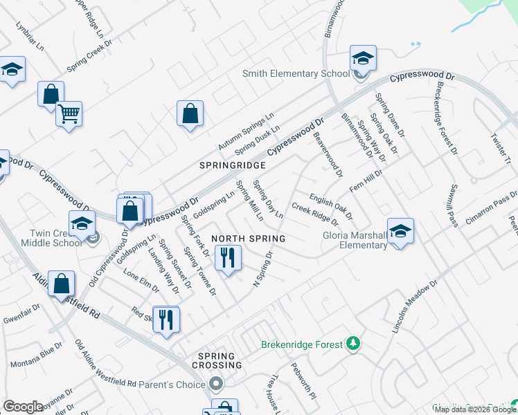 map of restaurants, bars, coffee shops, grocery stores, and more near 24106 Spring Mill Lane in Spring