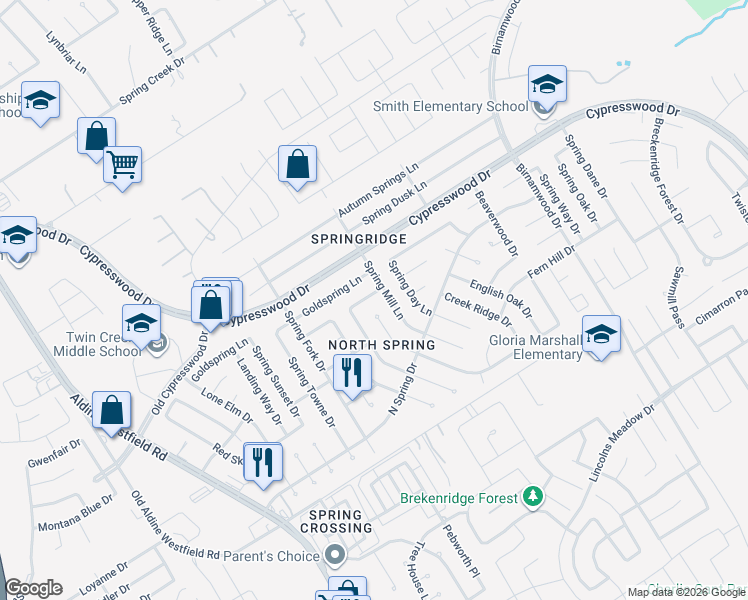 map of restaurants, bars, coffee shops, grocery stores, and more near 24119 Farm Hill Drive in Spring