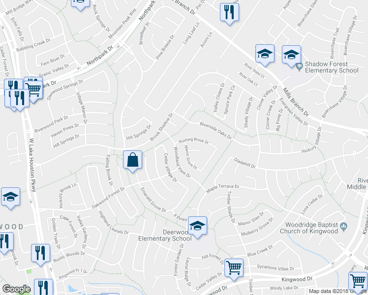 map of restaurants, bars, coffee shops, grocery stores, and more near 3215 Manor Grove Drive in Humble