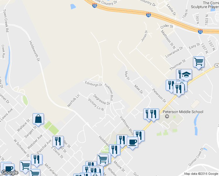 map of restaurants, bars, coffee shops, grocery stores, and more near 625 Yorktown Boulevard in Kerrville